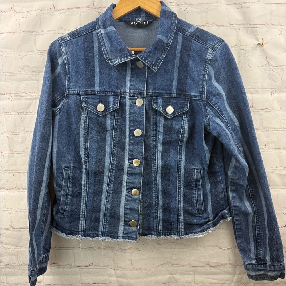 Baccini Blue Striped Denim Jacket Womens Size Medium Raw Hem Button Up